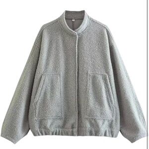 Women's Fleece Fuzzy Gray Snap Button Up Bomber Shaggy Jacket L